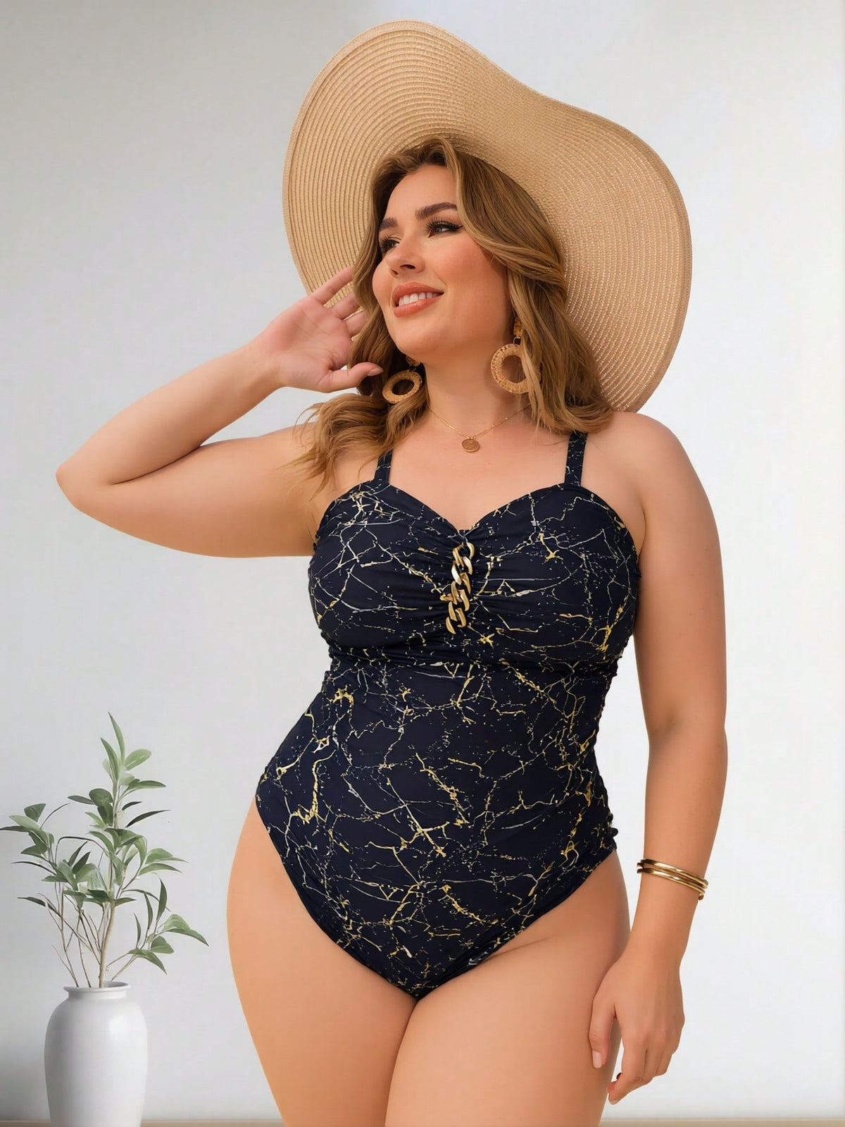 Plus Size Navy Marble Print One-Piece Swimsuit with Chain Detail