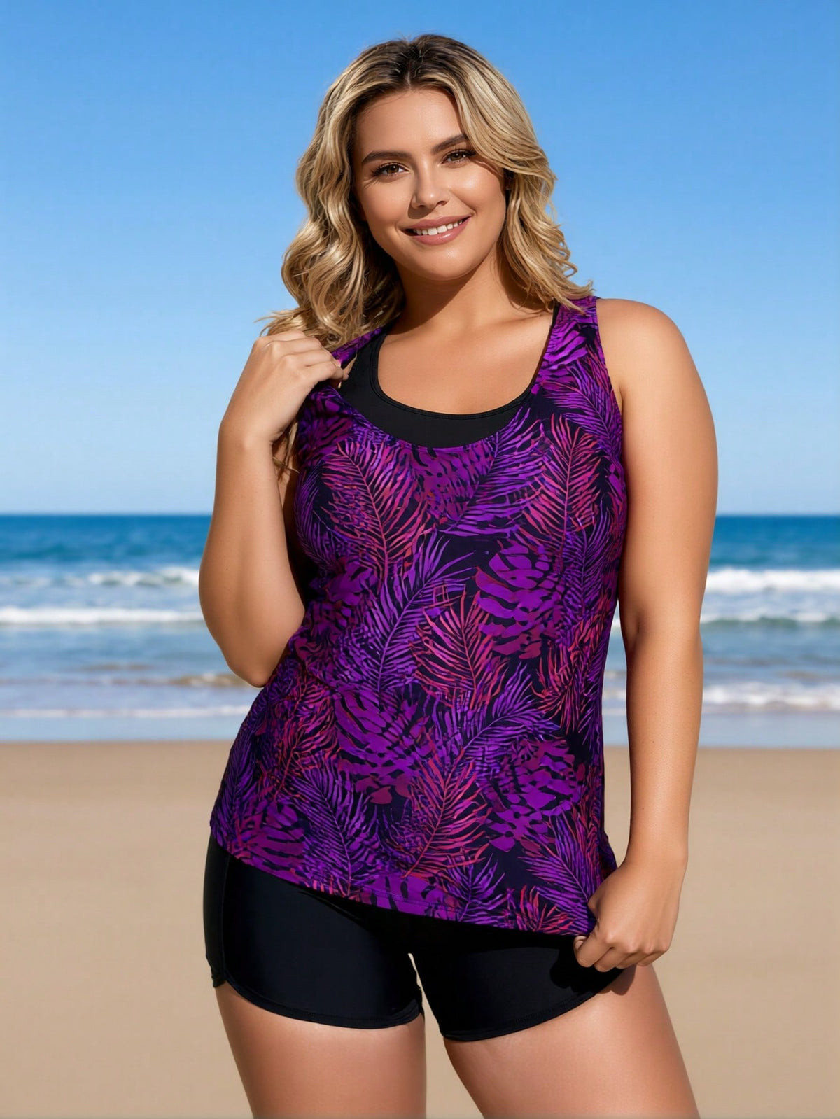 Plus Size Purple Botanical Two-Piece Boyleg Swimsuit