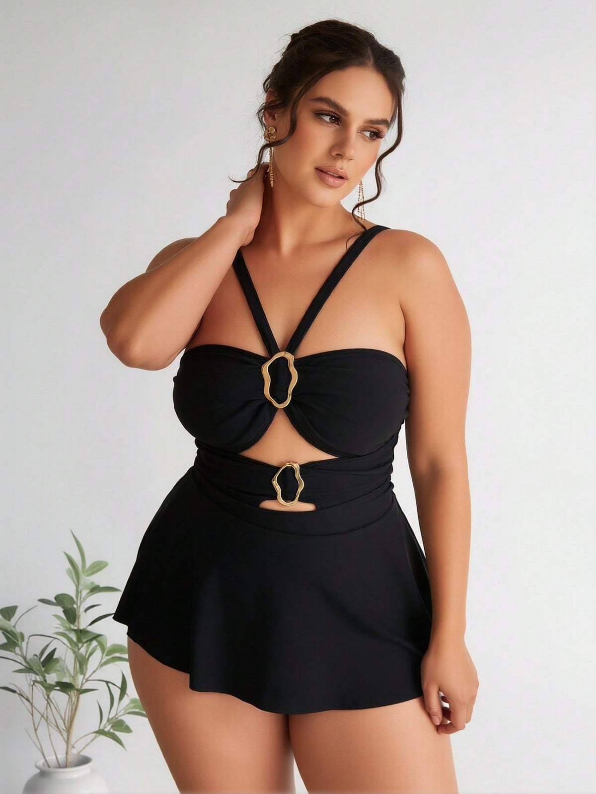 Plus Size Black Halter Swimdress with Gold Ring Detail