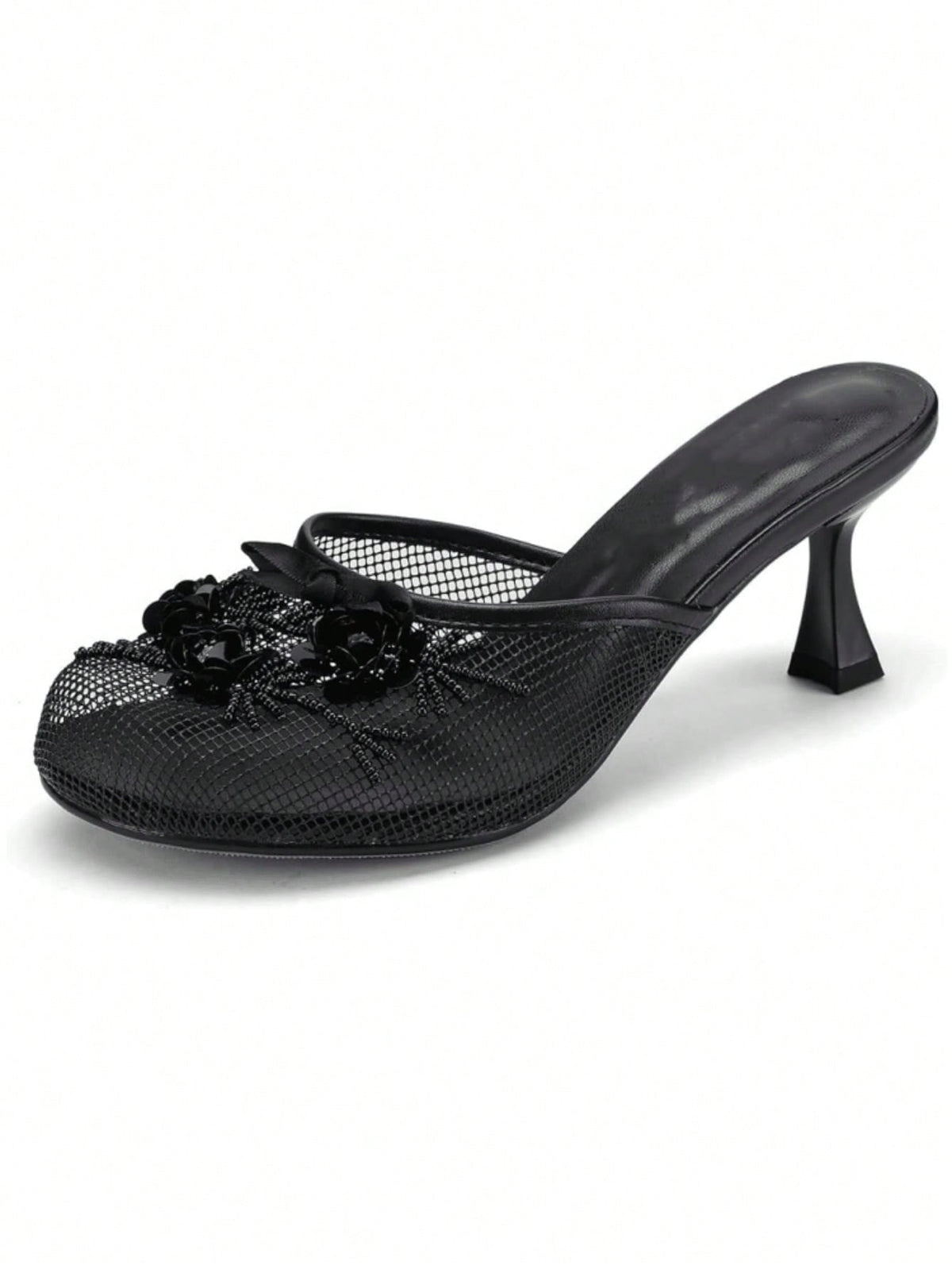 Women’s Floral Sequin Mesh Mule Sandals, Round Toe Mid‑Heel Slip‑On Slides