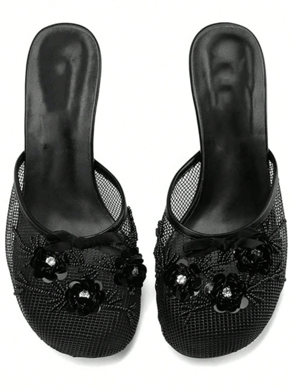 Women’s Floral Sequin Mesh Mule Sandals, Round Toe Mid‑Heel Slip‑On Slides