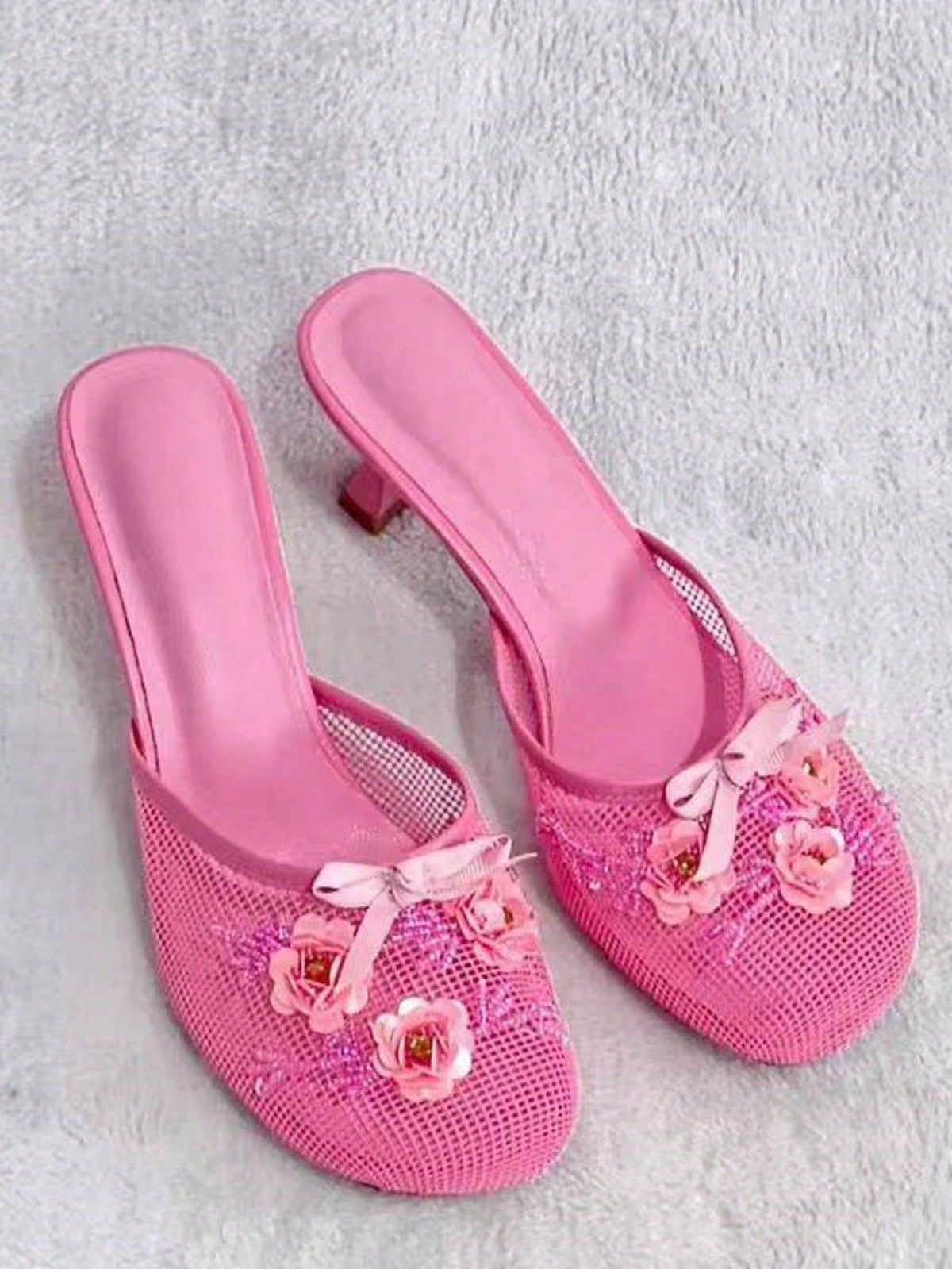 Women’s Floral Sequin Mesh Mule Sandals, Round Toe Mid‑Heel Slip‑On Slides