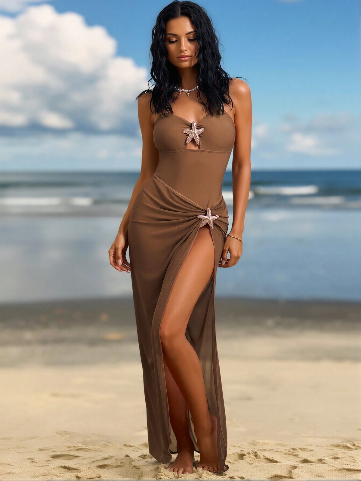 Coffee Brown One-Piece Swimsuit with Starfish and Sheer Skirt Detail