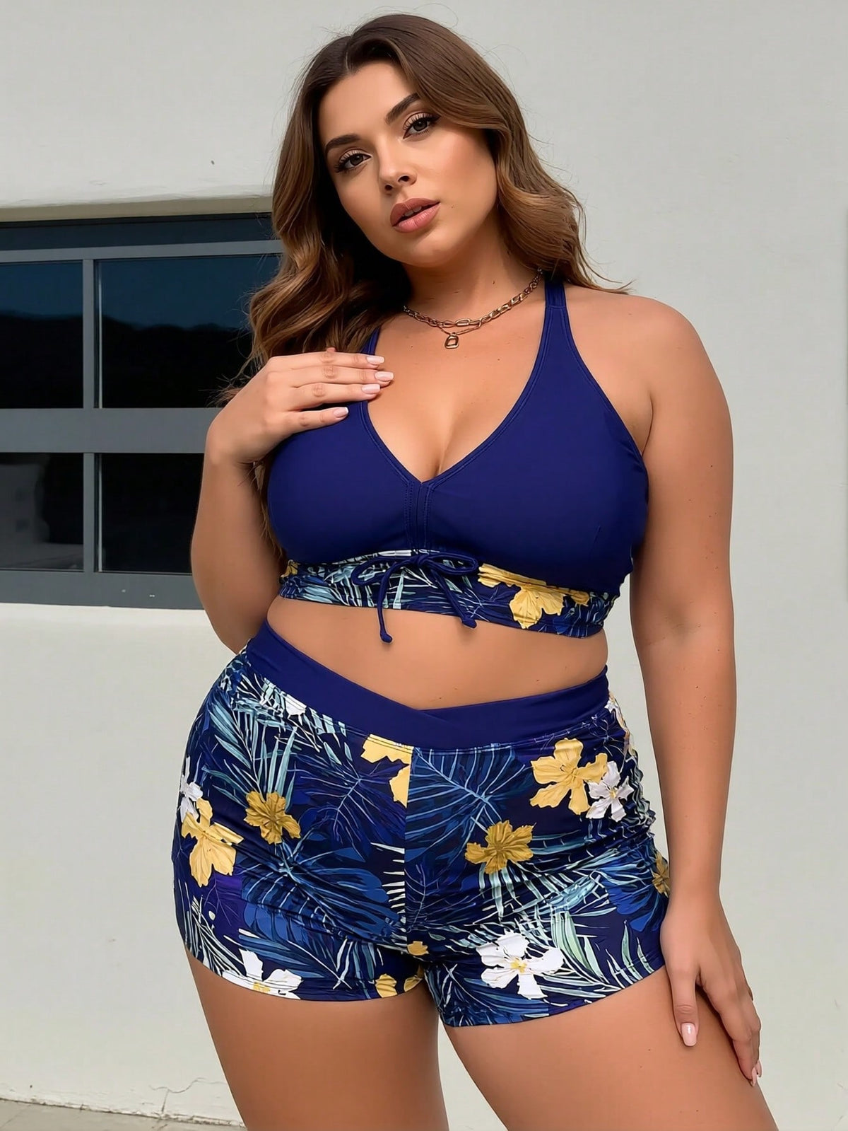 Plus Size Navy Tropical Floral Halter Bikini Set