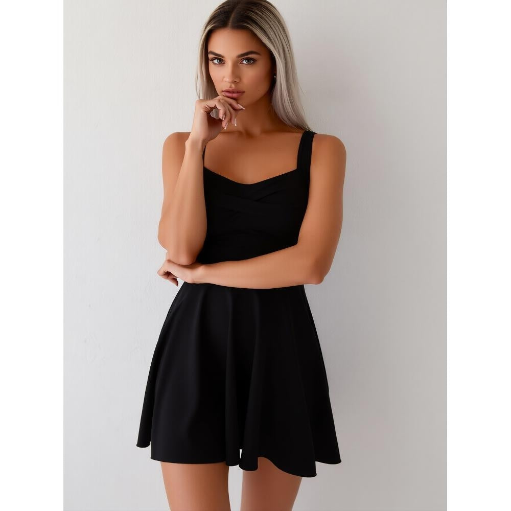 New Women's One-Piece Swimsuit Dress: Black Square Neck, Twist Front, Sleeveless, Flared Skirt, Minimalist Beach Style
