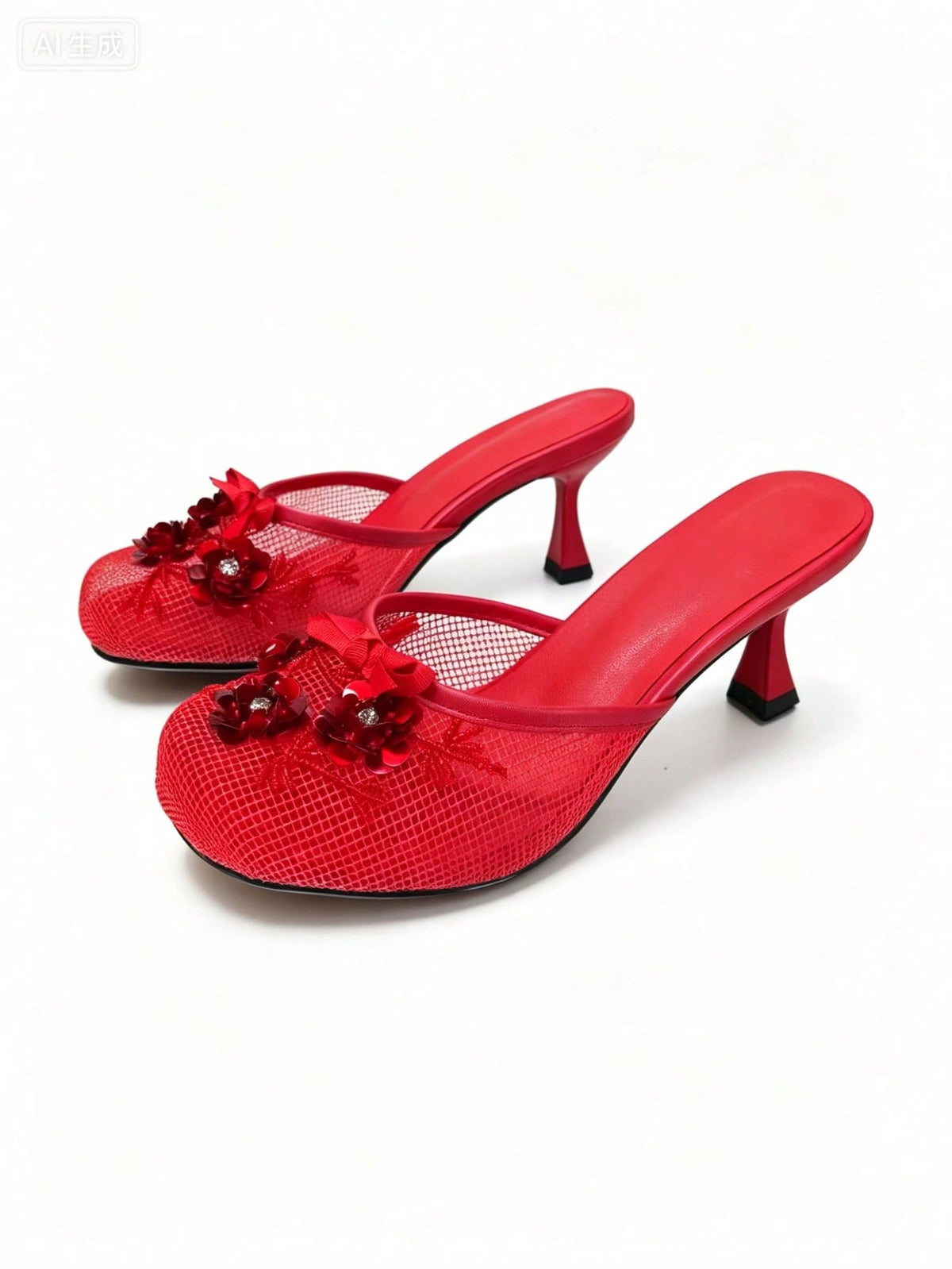 Women’s Floral Sequin Mesh Mule Sandals, Round Toe Mid‑Heel Slip‑On Slides