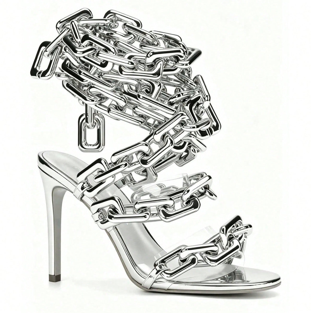 Women’s Clear PVC Stiletto High Heel Sandals, Gold Link Chain Ankle Lace‑Up Round Toe Heels for Party Wedding