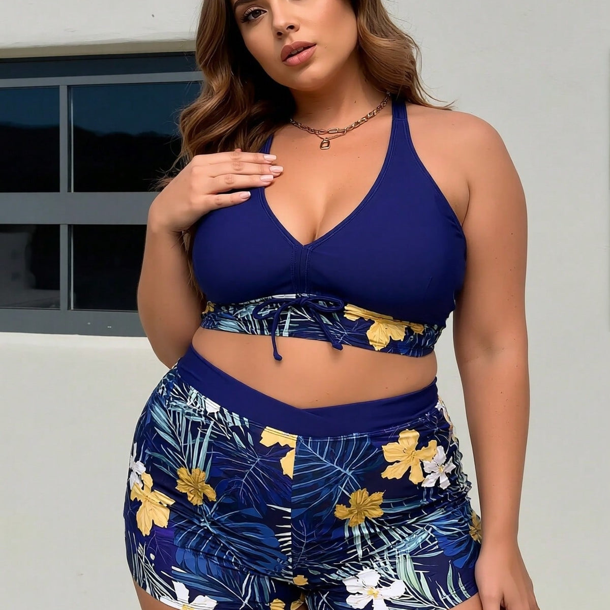 Plus Size Navy Tropical Floral Halter Bikini Set