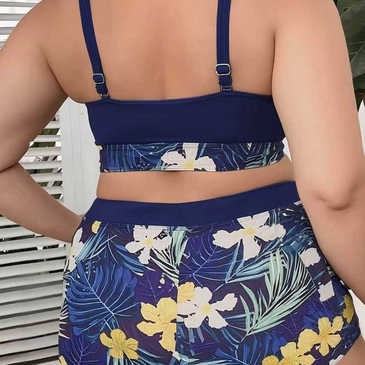 Plus Size Navy Tropical Floral Halter Bikini Set