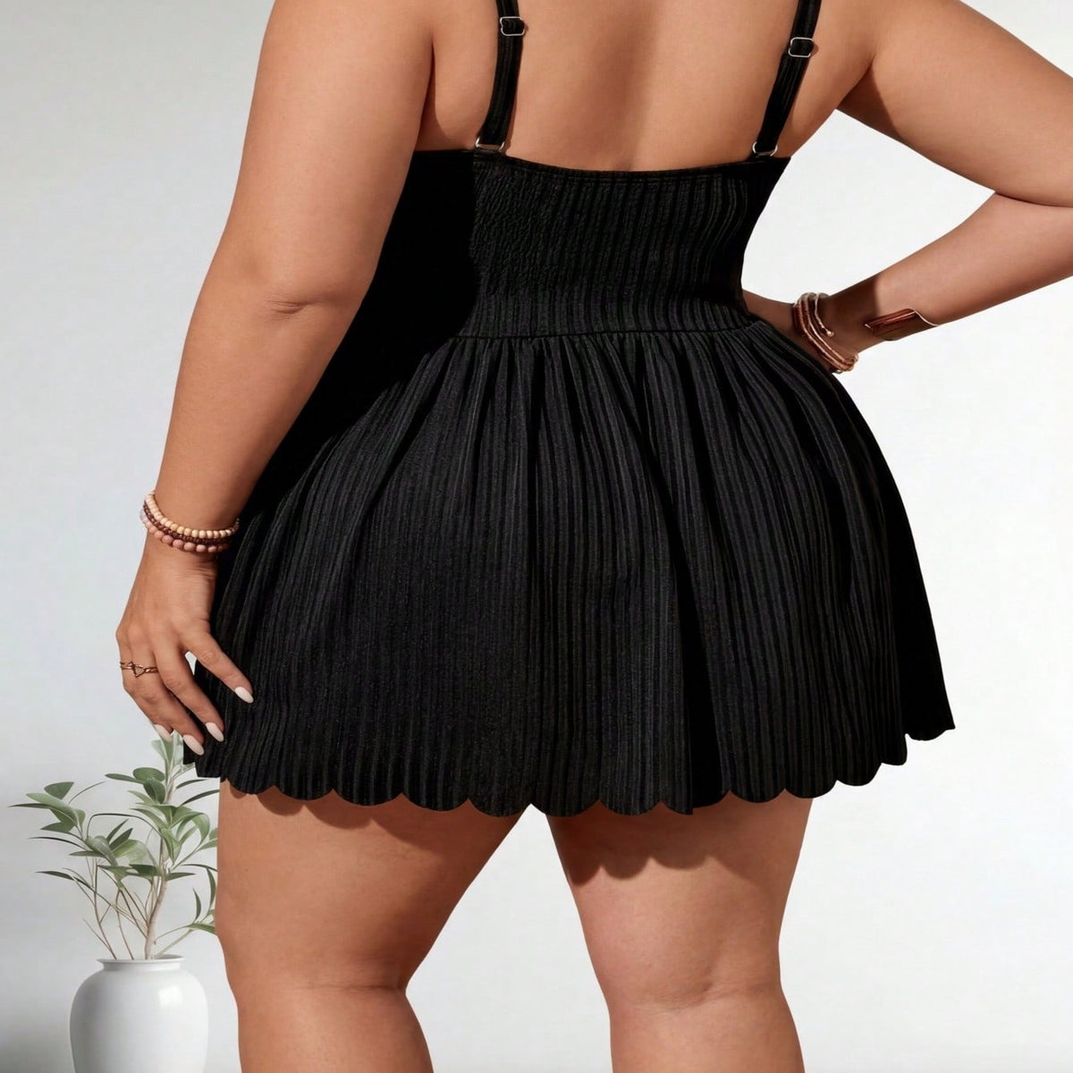 Plus Size Black Ribbed Square Neck Flared Skirt Swim Dress Swimsuits For Women