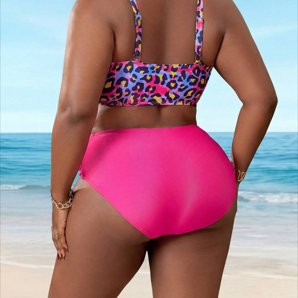 New Luxury Leopard Print Bikini Set, V-Neck Cross Design & High Waist Bottom, Plus Size Tummy-Hiding Vacation Swimwear Bikini Set For Women