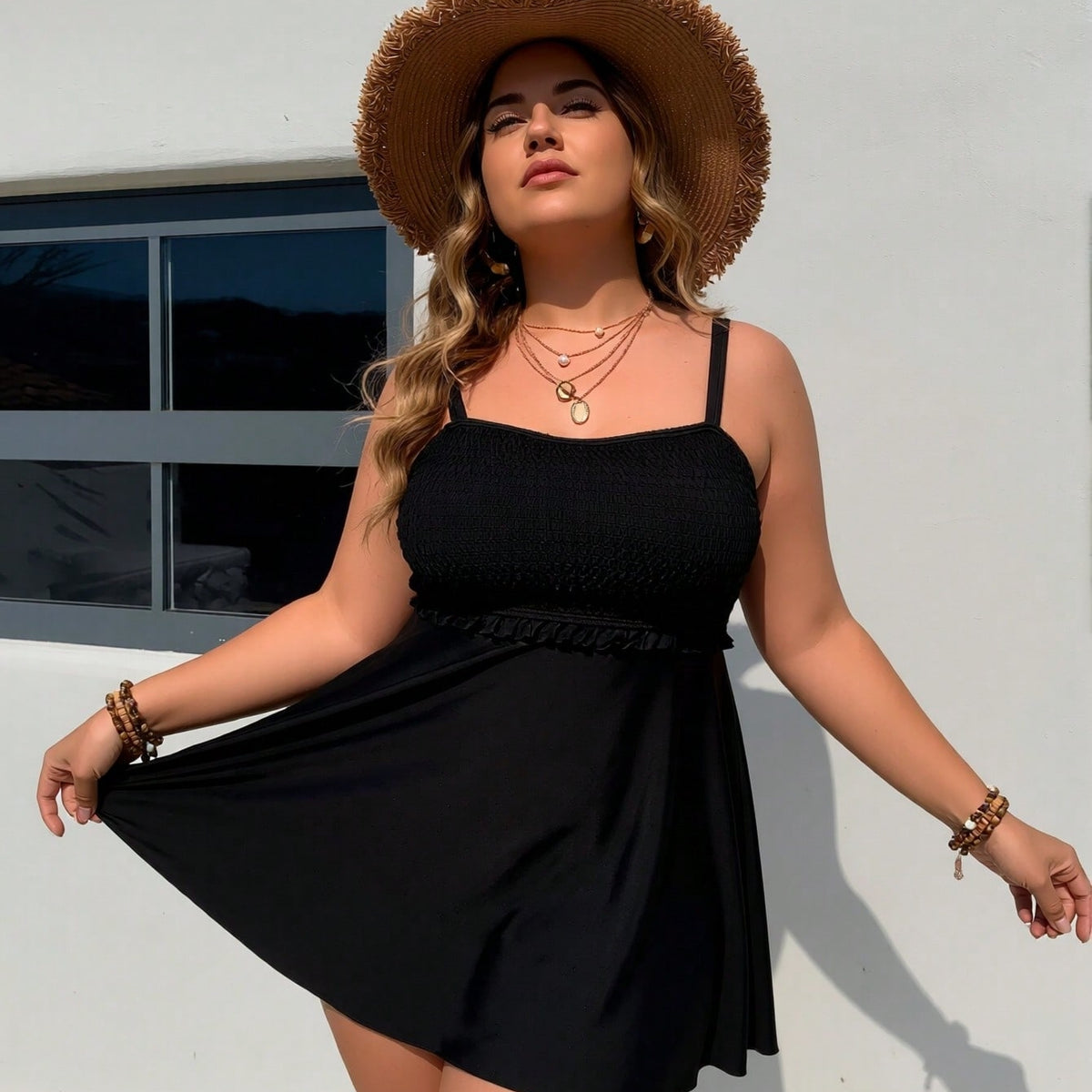 Plus Size Smocked Ruffle Tankini Set