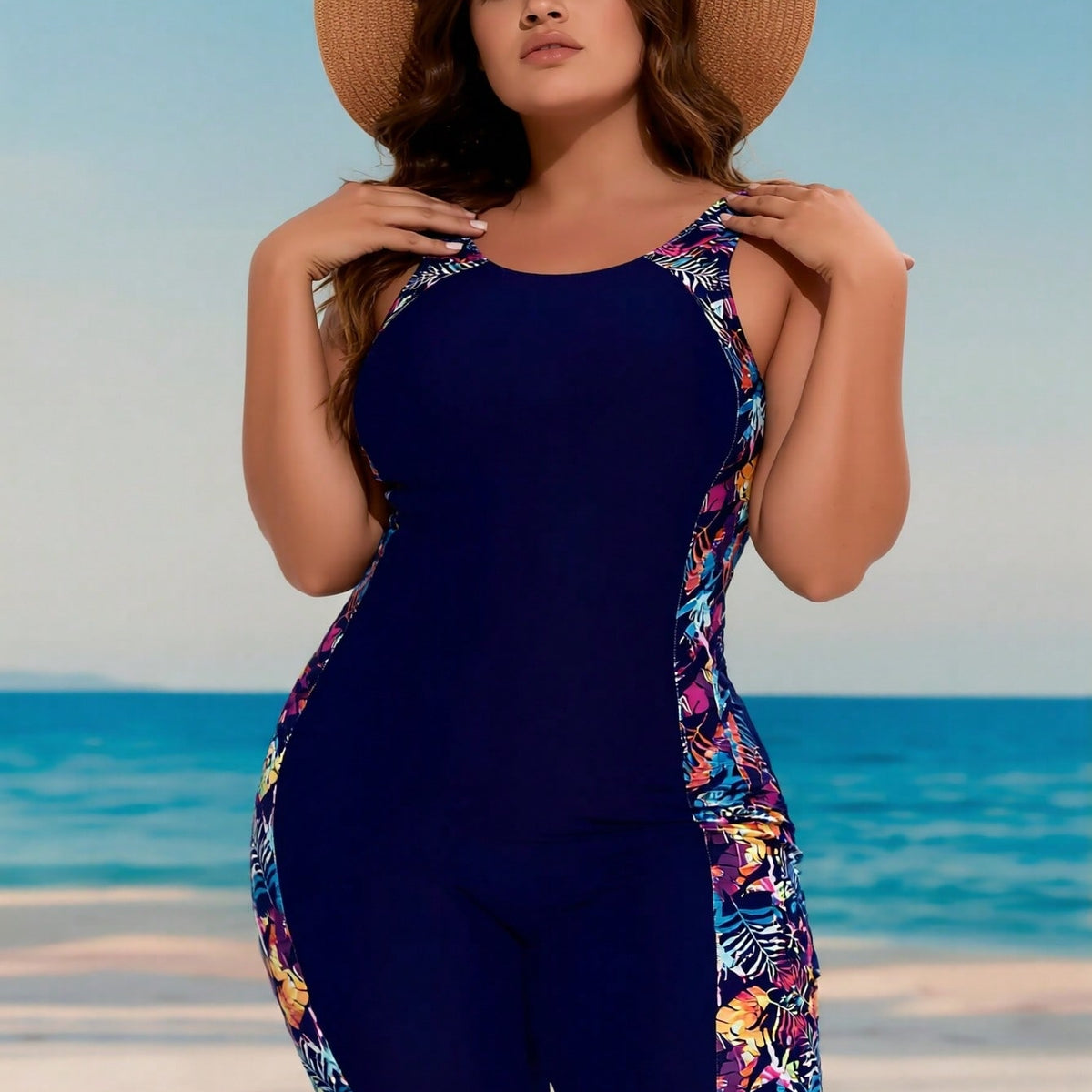 Plus Size Navy Tropical Panel Boyleg One-Piece Swimsuit