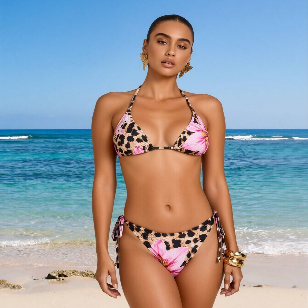 Leopard and Floral Print Triangle Bikini Set