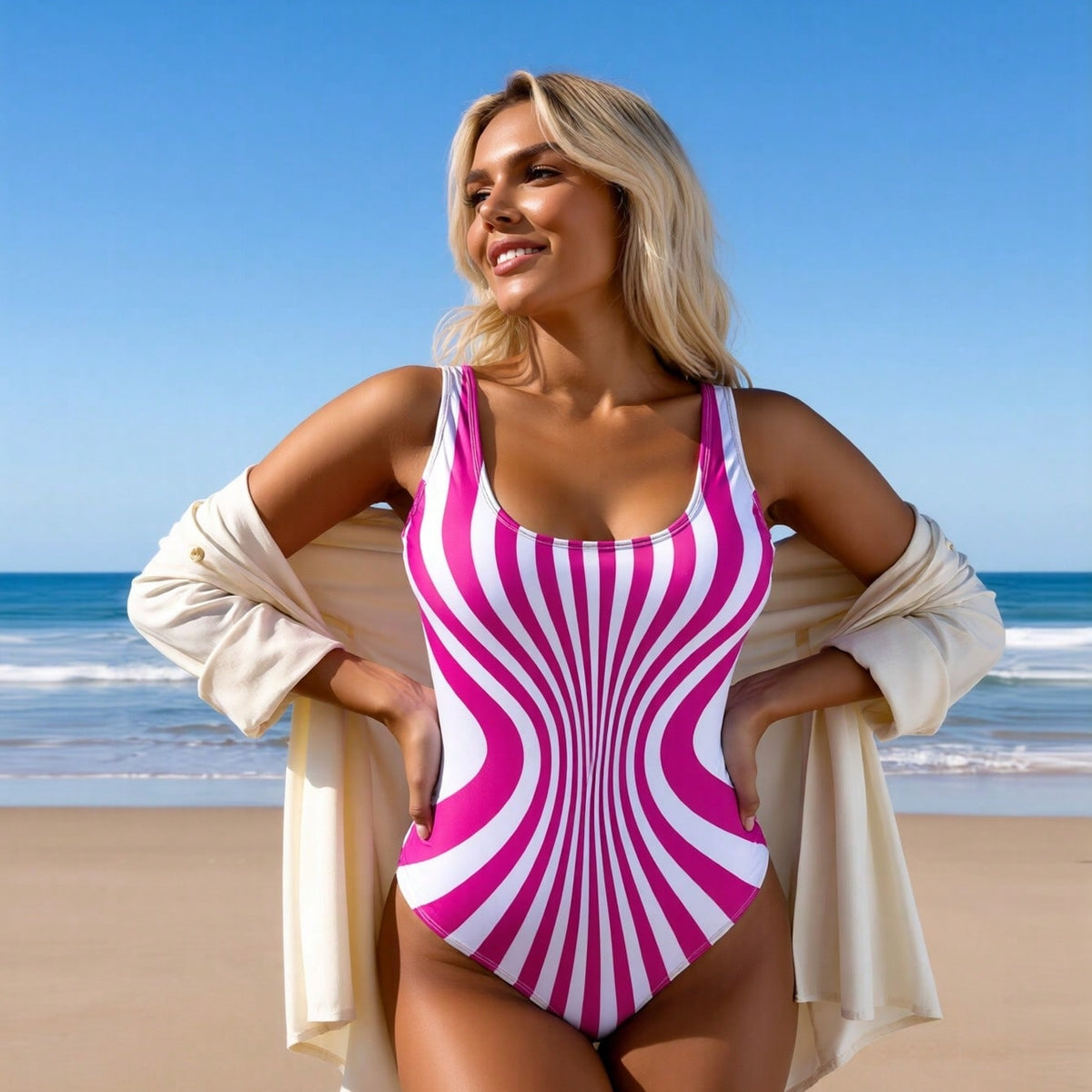 Pink and White Swirl Stripe One-Piece Swimsuit