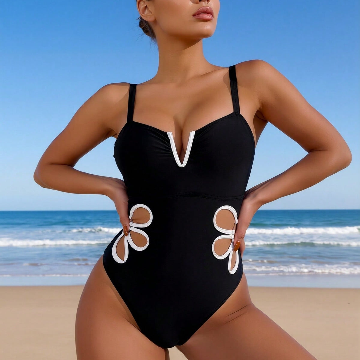 Black One-Piece Swimsuit with White Floral Cutout Detail