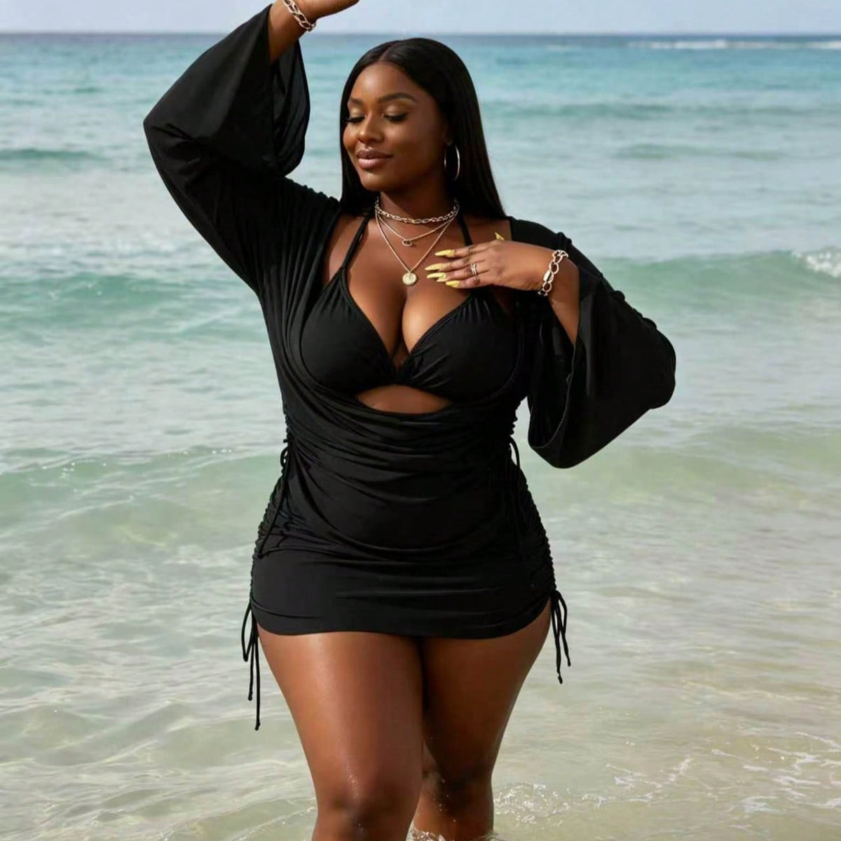 New Plus Size Women's Black Halter Two-Piece Swimsuit With Long Sleeve Drawstring Cover Up For Vacation