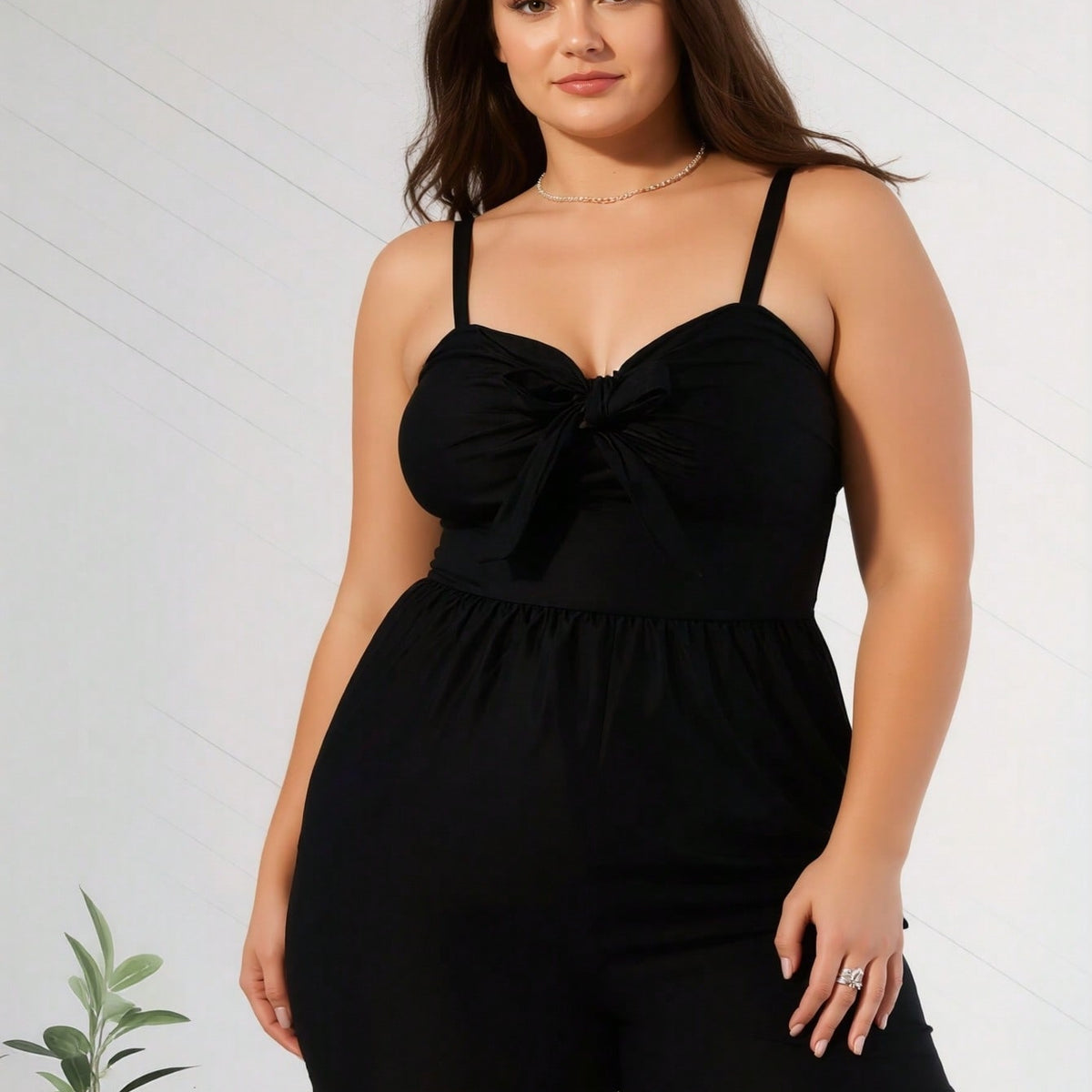 New Women's Plus Size One-Piece Swimsuit: Black Solid Color, Sweetheart Neckline with Front Bow Detail, Adjustable Spaghetti Straps, Flowy Skirted Short Silhouette