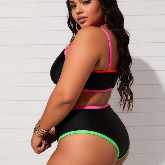 New Women's Plus Size Two-Piece Swimsuit: Black Bikini Top with Neon Color Block Trim, High-Waist Bottoms, V-Notch Neckline, Adjustable Straps