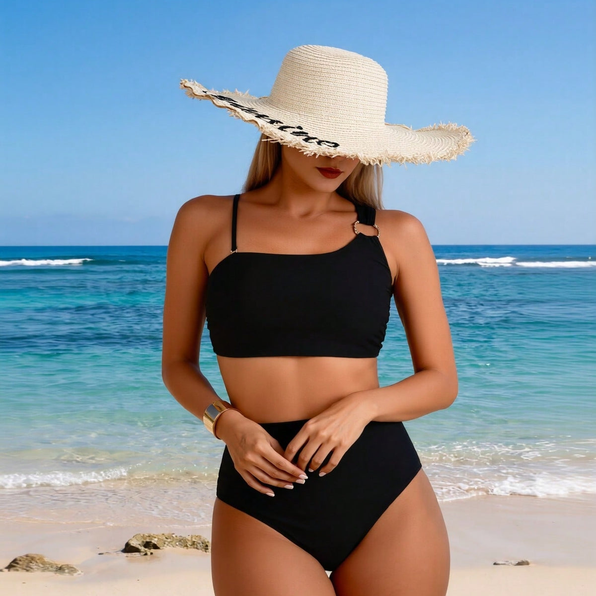 New Women's Sexy Fashion Black Asymmetric Metal Ring Two-Piece Swimsuit for Vacation & Leisure