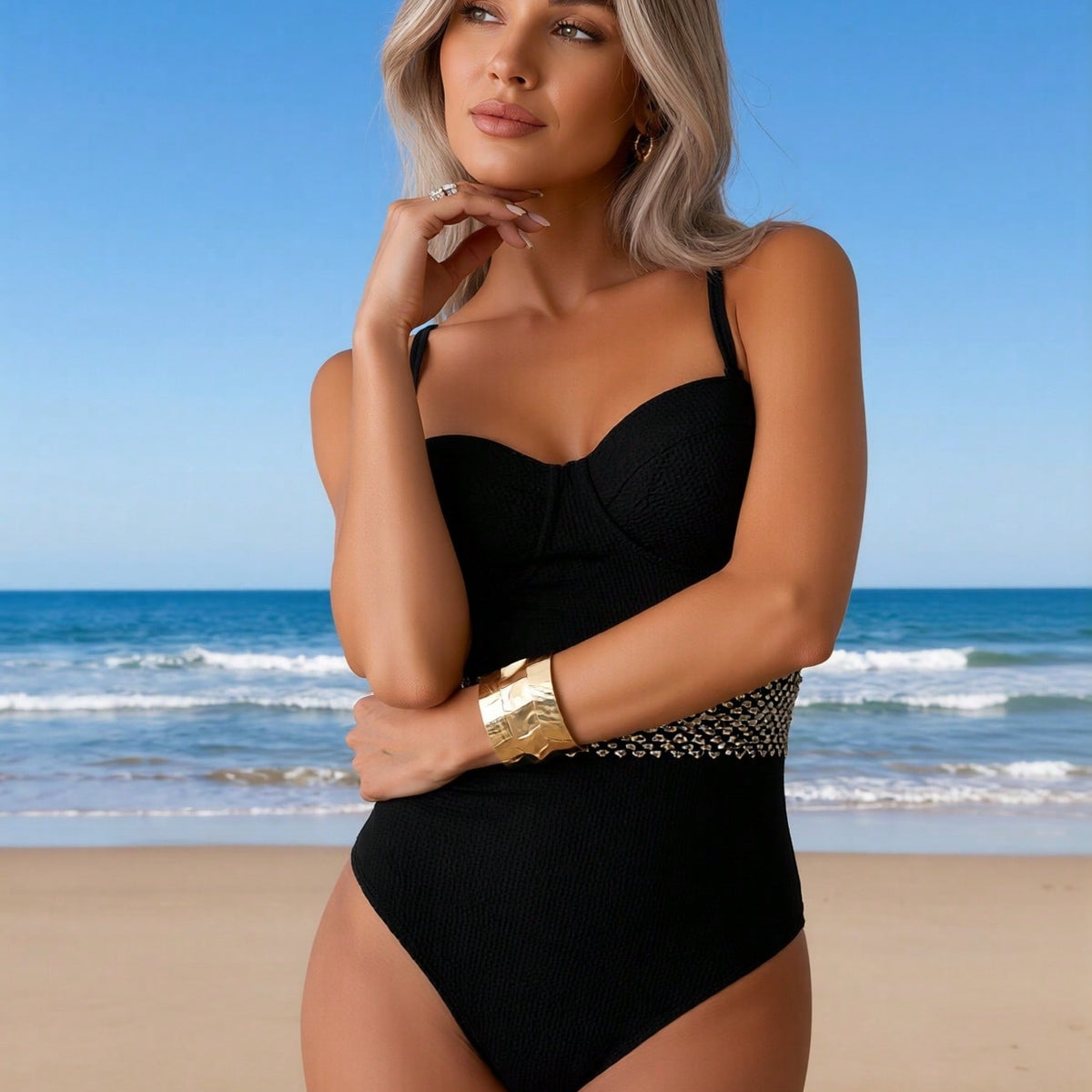 Vacation Style One-Piece: Luxe Gold Accents for a Glamorous and Confident Beach Look