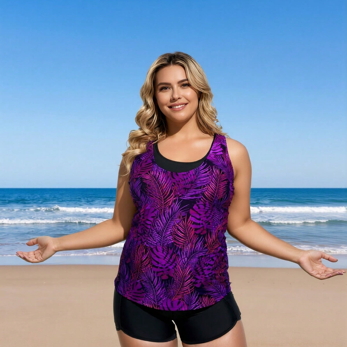 Plus Size Purple Botanical Two-Piece Boyleg Swimsuit