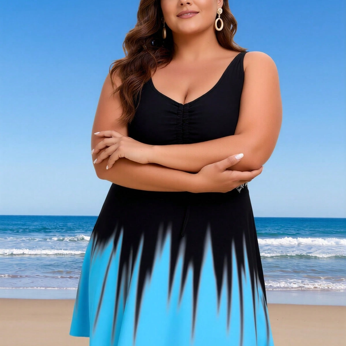 Plus Size Black and Blue Gradient Ruched Lace Swimdress