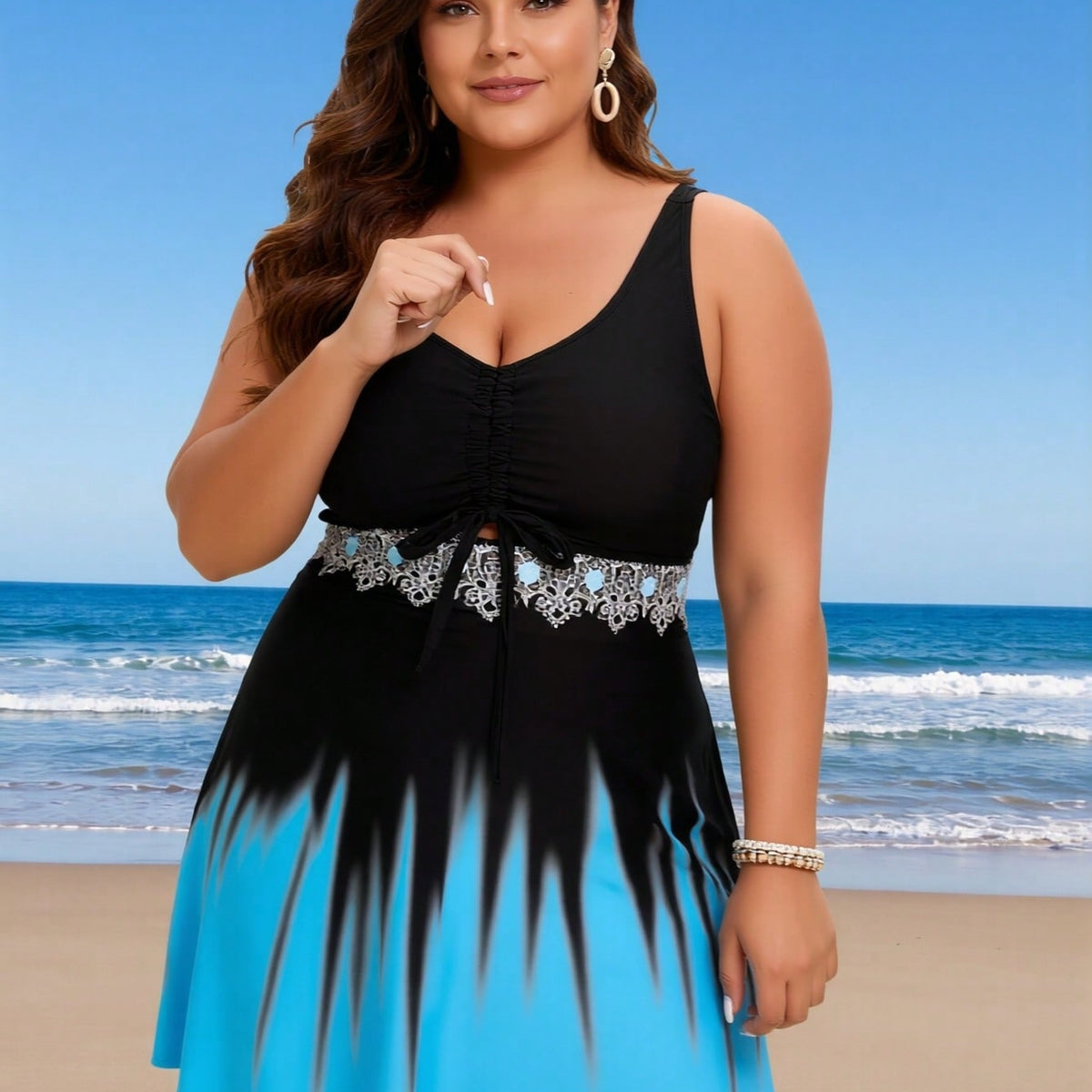 Plus Size Black and Blue Gradient Ruched Lace Swimdress