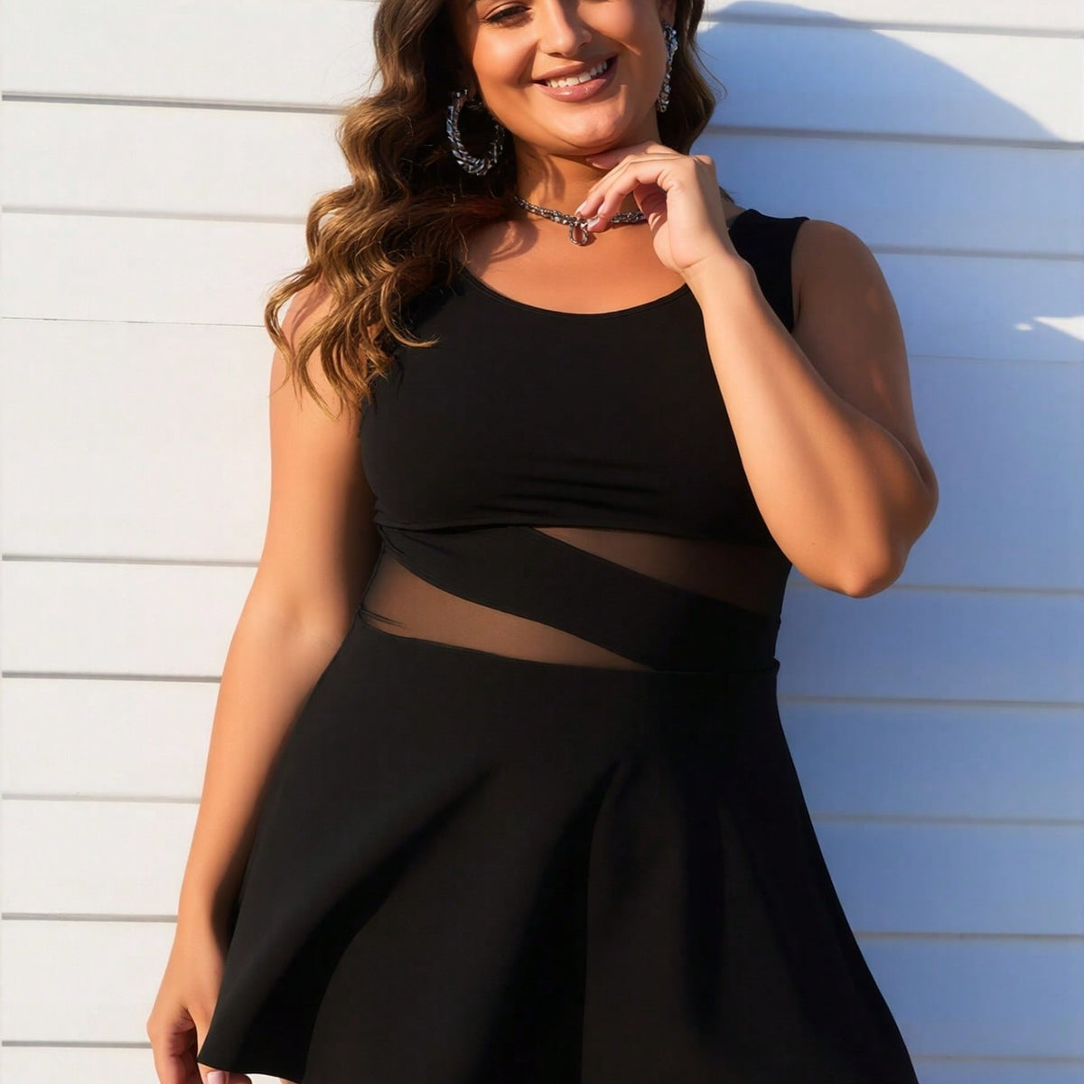 New Women's Plus Size Swimdress: Black with Sheer Mesh Cutout Waist and Flared Skirt