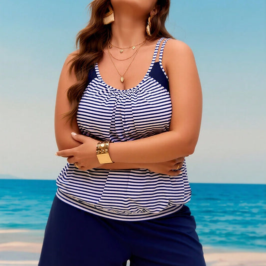 New Summer Nautical Tankini Set - Ladies Double Stripe Shoulder Ruched Flowy Top & Shorts