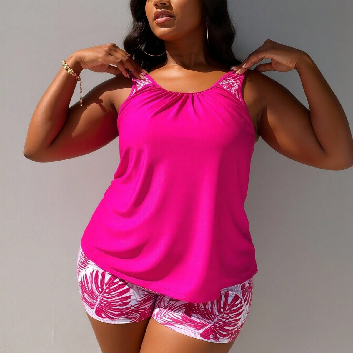 Plus Size Black Palm Leaf Racerback Tankini