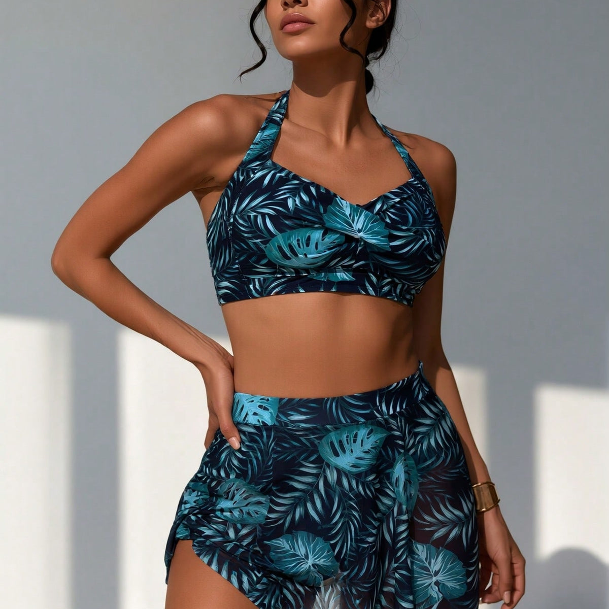 Plus Size Teal Tropical Halter Swimsuit Set with Mesh Skirt