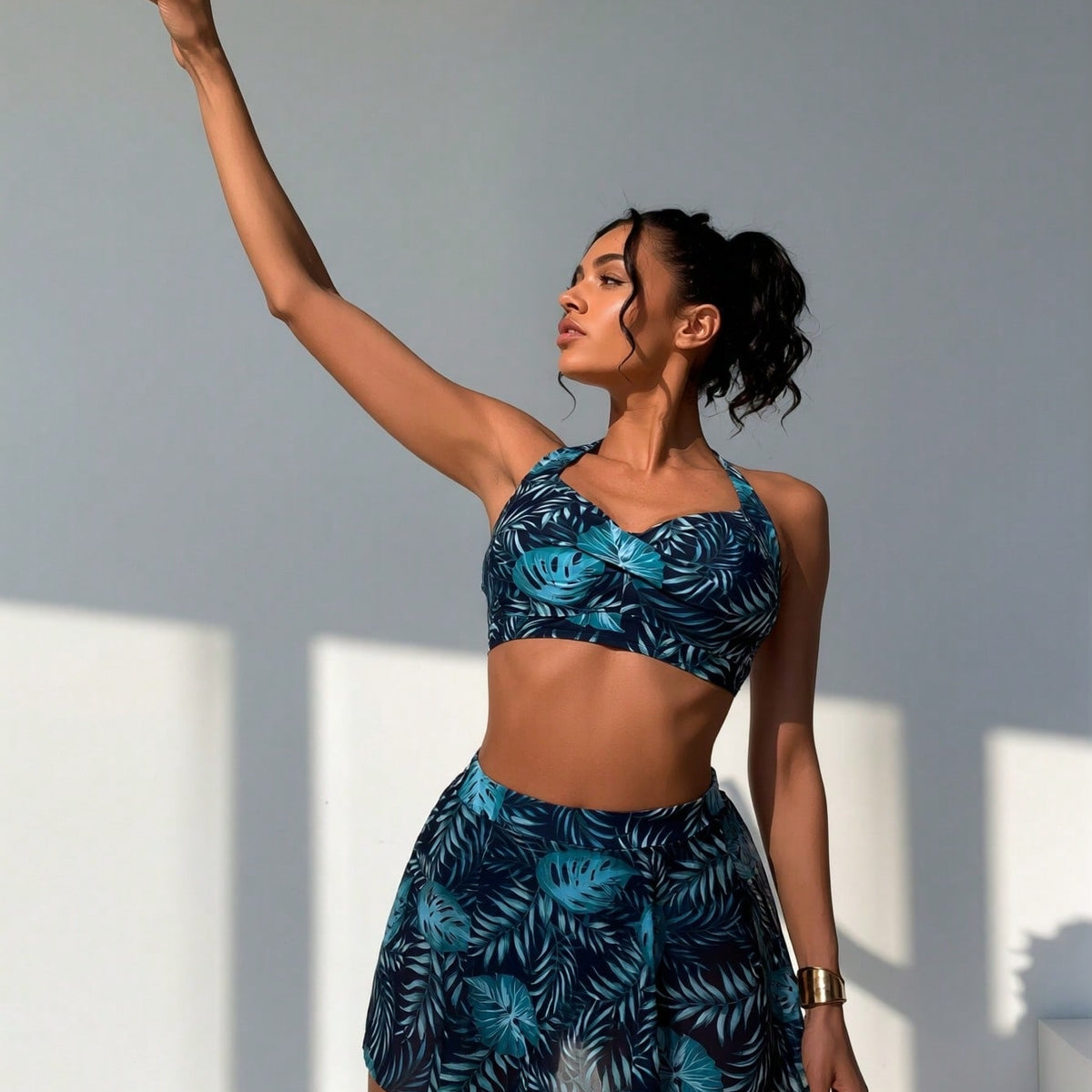 Plus Size Teal Tropical Halter Swimsuit Set with Mesh Skirt