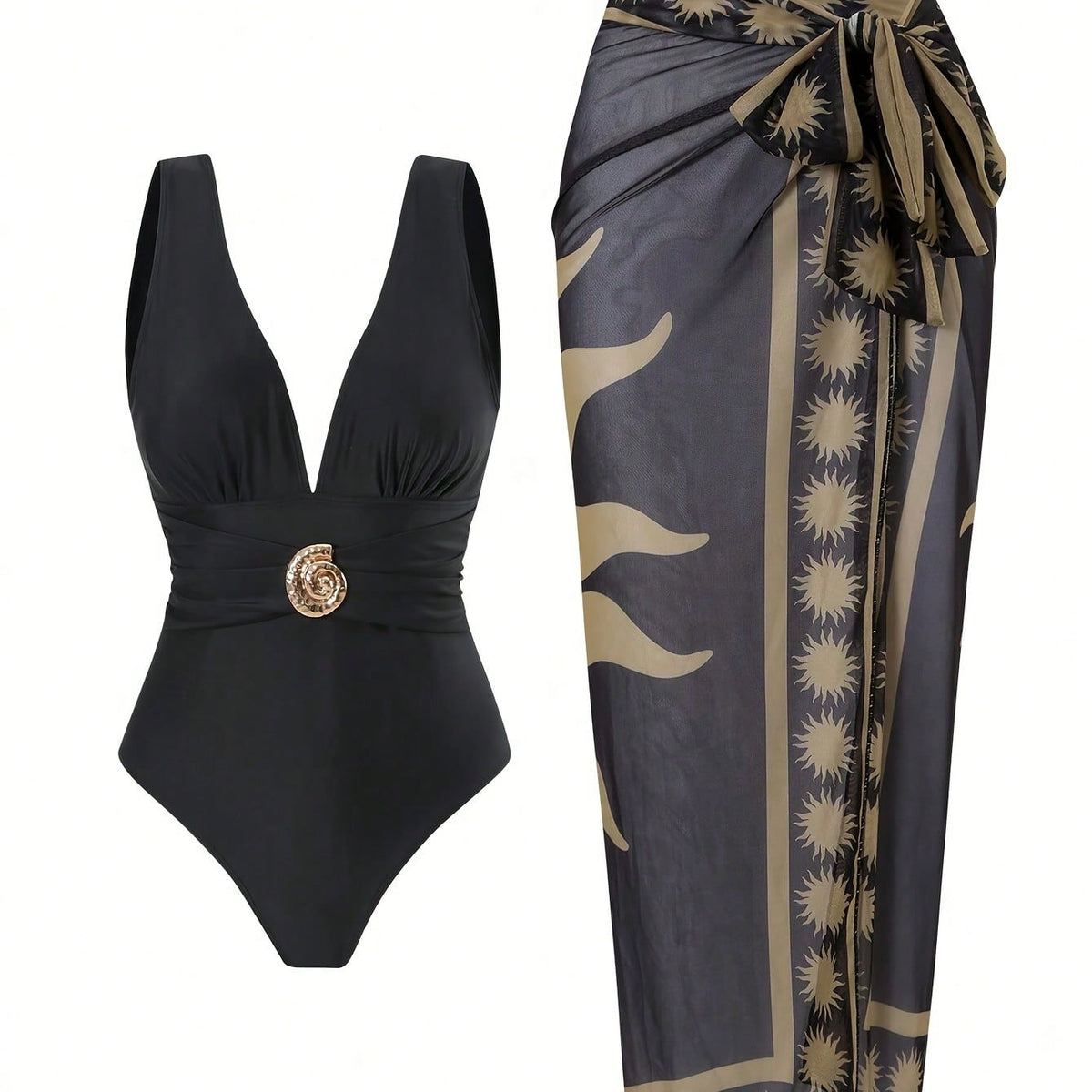 New Elegant Sleeveless V Neck Monokini, Matching Side Tie Printed Long Sarong Vacation Pool Set