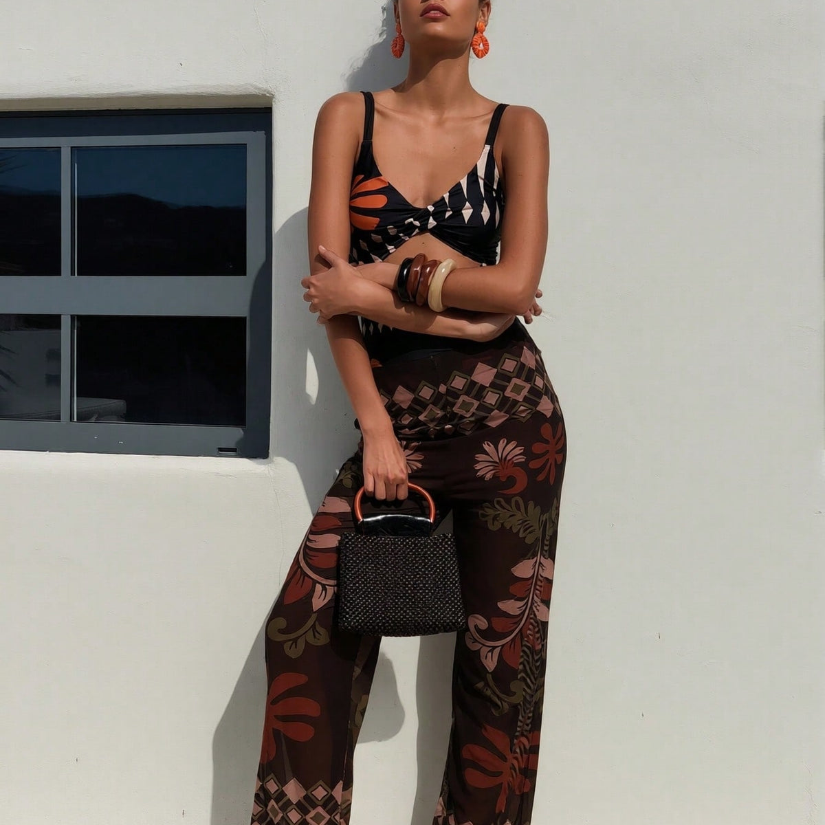 Tropical Cutout Swimsuit and Sheer Cover-Up Pants Set