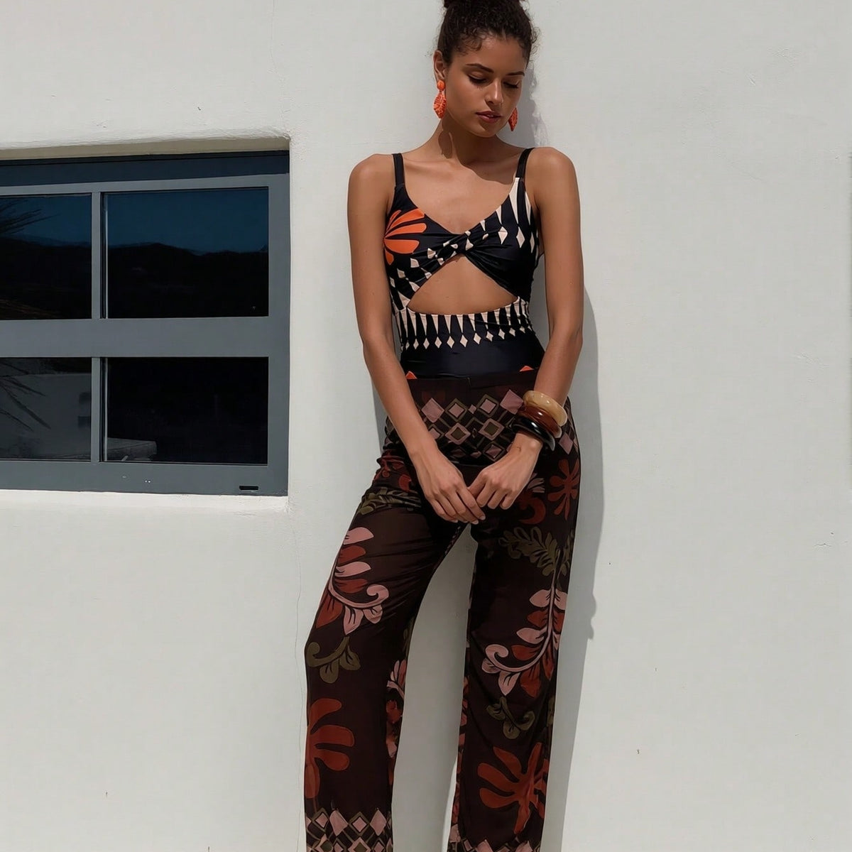 Tropical Cutout Swimsuit and Sheer Cover-Up Pants Set