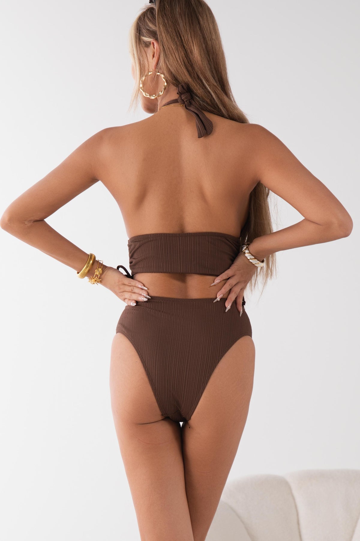 Solid Tie-Neck High-Waisted Bikini Set