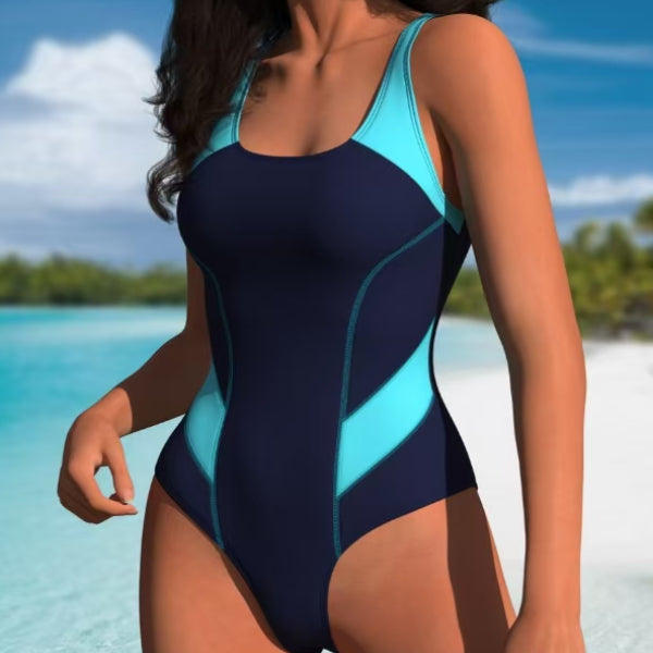 Navy and Cyan Colorblock Scoop-Neck One-Piece Swimsuit