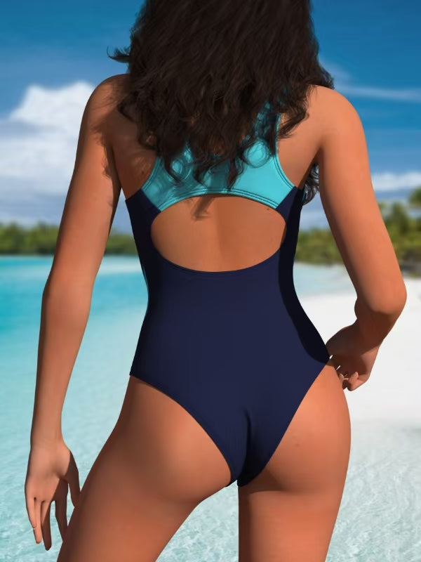Navy and Cyan Colorblock Scoop-Neck One-Piece Swimsuit