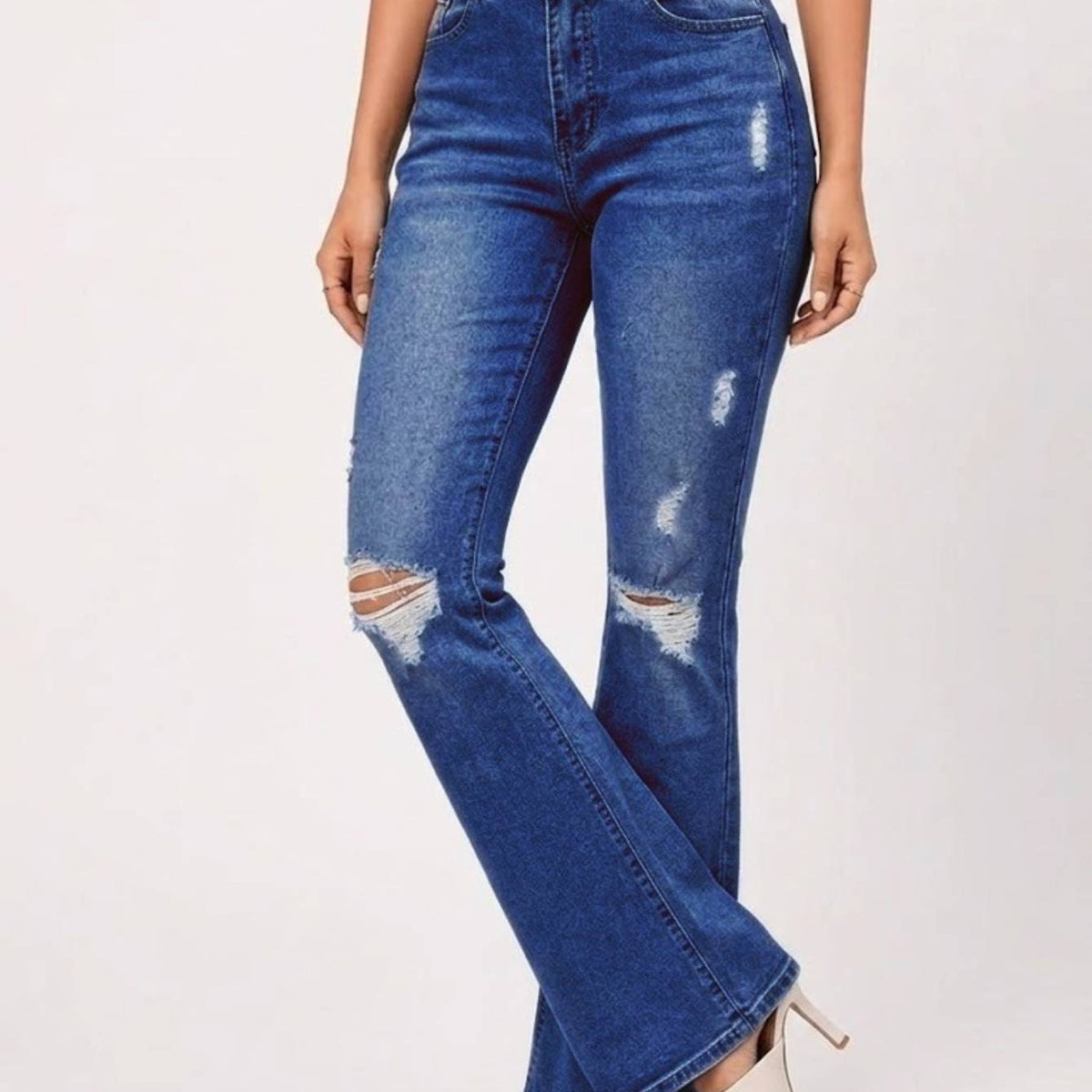 Women's Medium Blue High-Waisted Ripped Flare Jeans