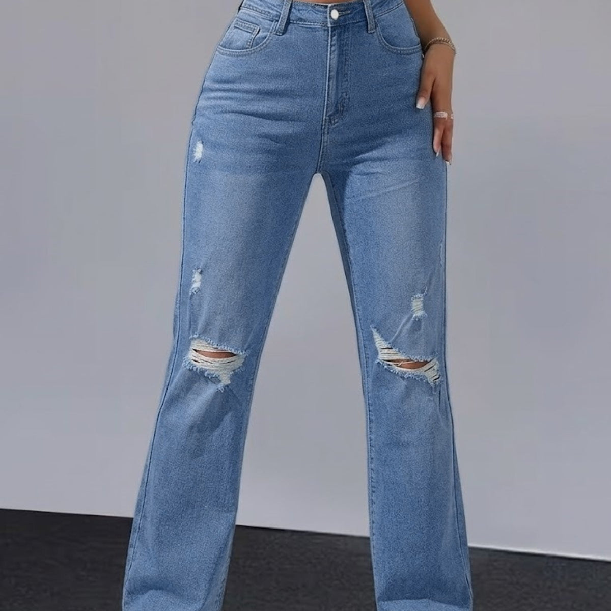 Women Distressed Cuffed Straight Leg Cropped Denim Jeans Stretch Slim Pants For Daily Street Casual Outfits