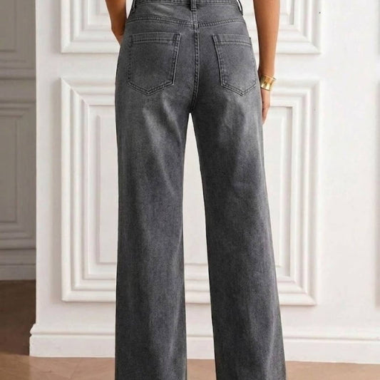 Women Gray High Waist Loose Denim Trousers Front Patch Pockets Soft Washed Casual Daily Straight Wide Leg Jeans