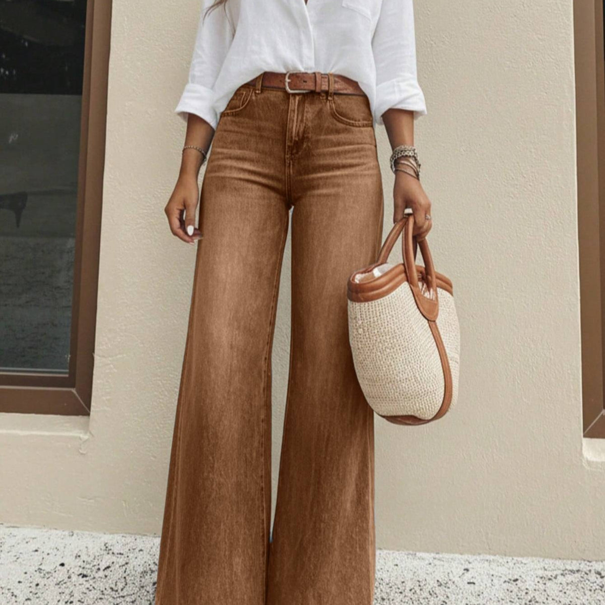 Women's Washed Brown High-Waisted Wide-Leg Jeans