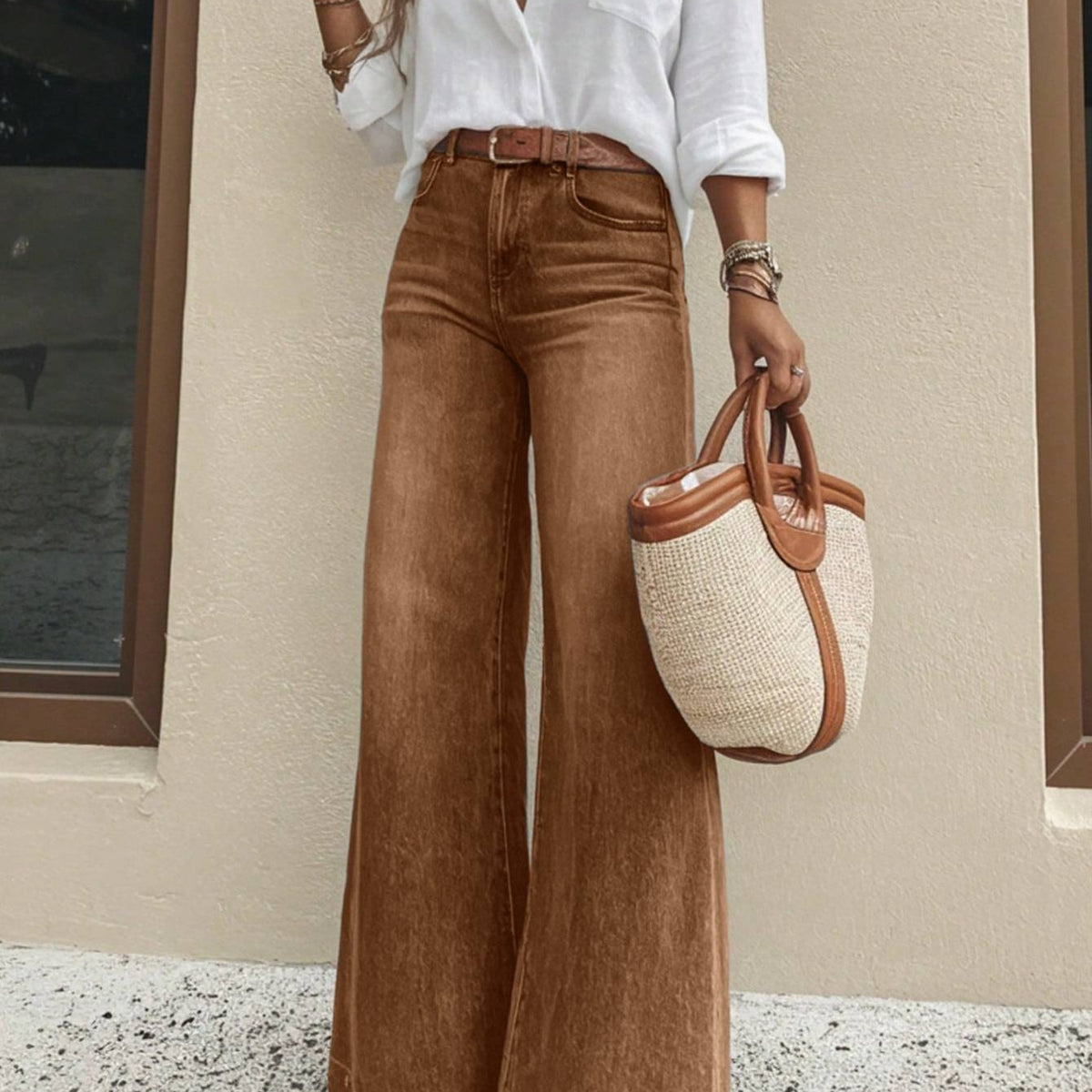 Women's Washed Brown High-Waisted Wide-Leg Jeans
