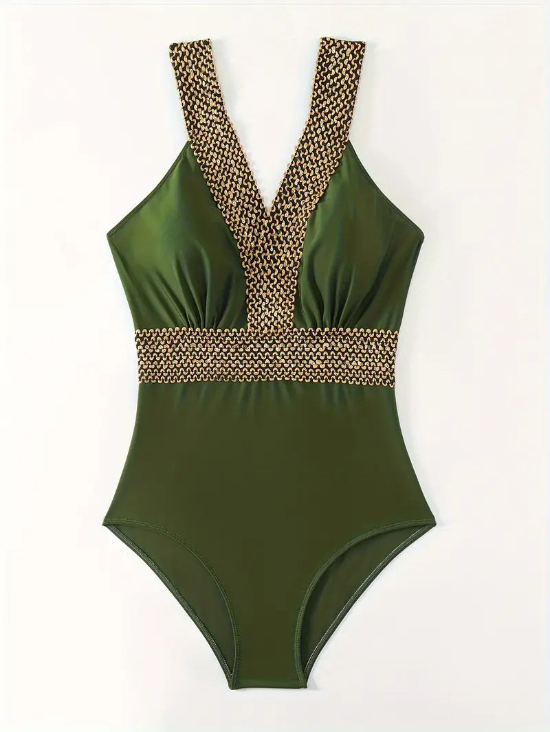 Army Green V-Neck One-Piece Swimsuit with Gold Bead Detail