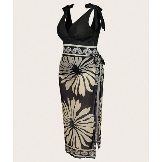 New Plus Size Black Floral 2-Piece Swimwear Set, Tie Shoulder V Neck One Piece Swimsuit And Wrap Midi Sarong Cover Up Skirt