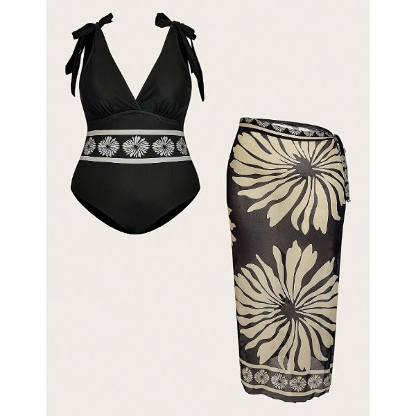New Plus Size Black Floral 2-Piece Swimwear Set, Tie Shoulder V Neck One Piece Swimsuit And Wrap Midi Sarong Cover Up Skirt