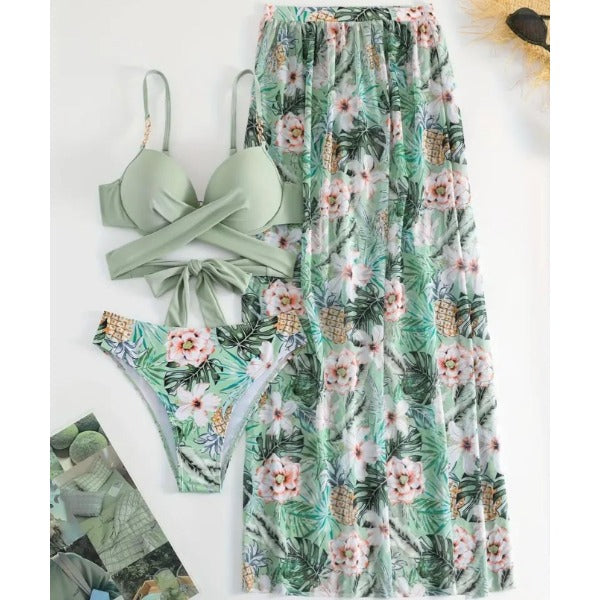 New Tropical Pineapple Floral 3-Piece Bikini Set, Wrap Tie Back Push Up Top, Matching High Cut Bottom And Wide Leg Beach Pants