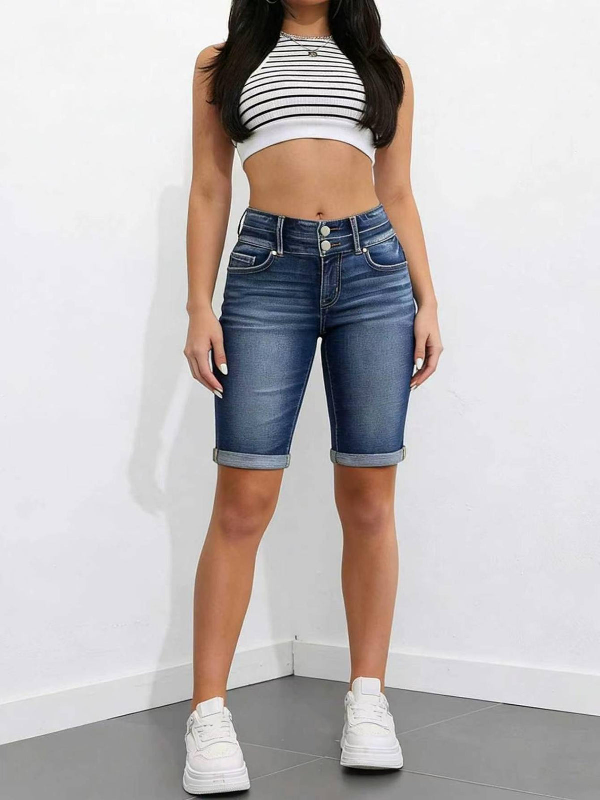 Women's Dark-Wash Double-Button Denim Bermuda Shorts