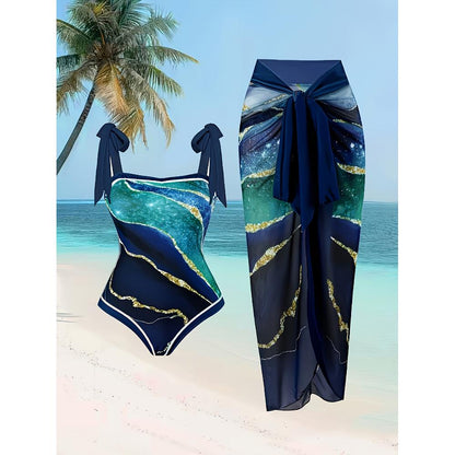 Women's Tankini Two-Piece Beachwear, Sunscreen, Dark Blue with Gold Print Half Skirt, Hot Spring Swimsuit, Beach Outfit for Women